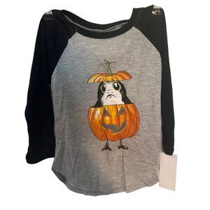 Star Wars NWT Long Sleeve Raglan Tee With Porg Pumpkin Graphic Black Gray Sz XS